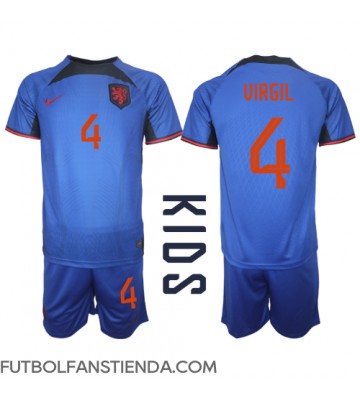 Países Bajos Virgil van Dijk #4 Segunda Equipación Niños Mundial 2022 Manga Corta (+ Pantalones cortos)